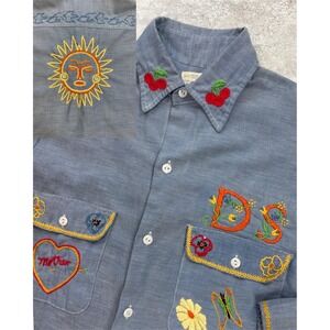 Vintage JC Penney Big Mac Shirt Womens Medium Blue Embroidered Cherries Sun 70s